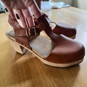 Lotta From Stockholm Congnac Leather Mary Jane Wood Clogs